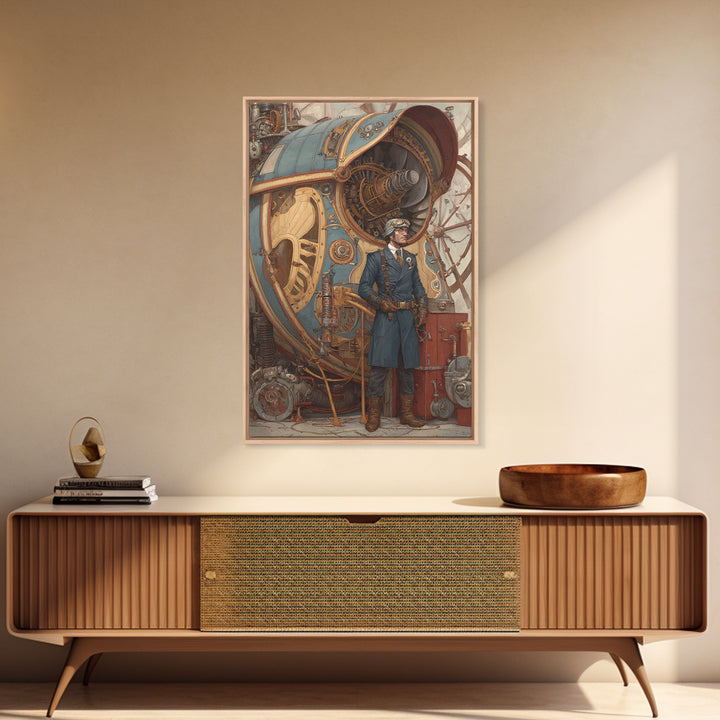 Steampunk Aviator Beside Airship Engine Framed Canvas Print, Industrial Wall Decor, Fantasy Art, Office Decor, Gift For Him