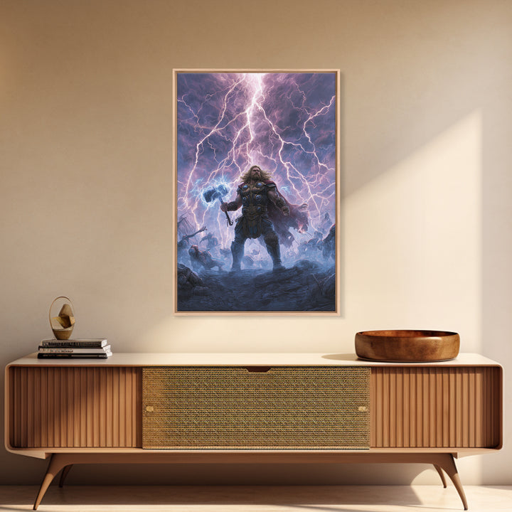 Thunder Warrior With Hammer In Lightning Storm Wall Art, Norse Mythology Canvas Print, Viking Decor, Epic Fantasy Gift For Him