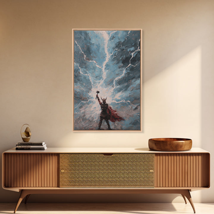 Norse Thunder Warrior Raising Hammer Wall Art, Lightning Storm Canvas Print For Fantasy Decor And Mythology Gift For Him