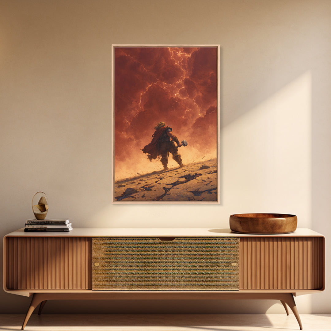 Epic Norse Thunder Warrior Under Fiery Sky Wall Art, Mythic Hammer Canvas Print, Dramatic Viking Fantasy Decor, Gift For Him