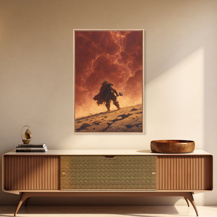 Epic Norse Thunder Warrior Under Fiery Sky Wall Art, Mythic Hammer Canvas Print, Dramatic Viking Fantasy Decor, Gift For Him