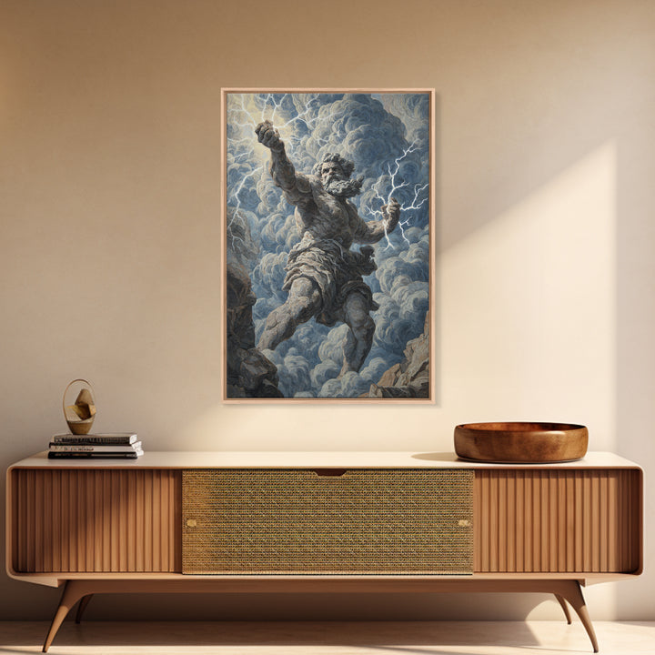 Zeus Lightning God Wall Art, Greek Mythology Statue Painting, Dramatic Storm Clouds Canvas Decor For Classical Home Gift