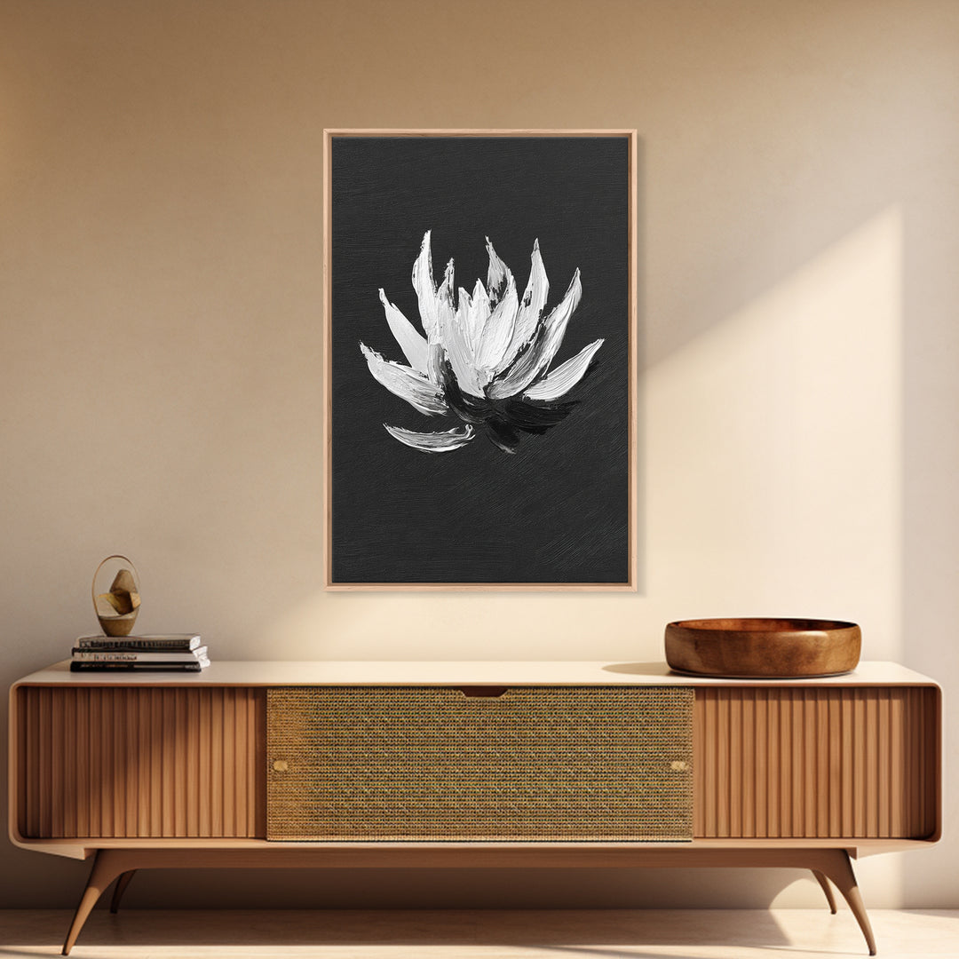 Black and White Oil Painting of Lotus Flower Minimalist Wall Art Original Canvas Print for Modern Home Decor