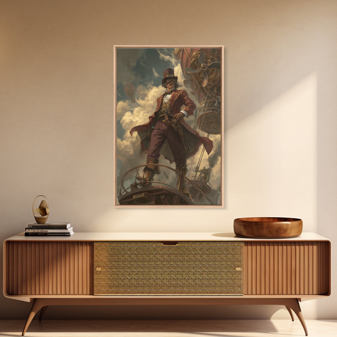 Airship Captain In Storm Clouds Canvas Print, Steampunk Fantasy Art, Industrial Wall Decor, Masculine Office Decor, Gift For Him