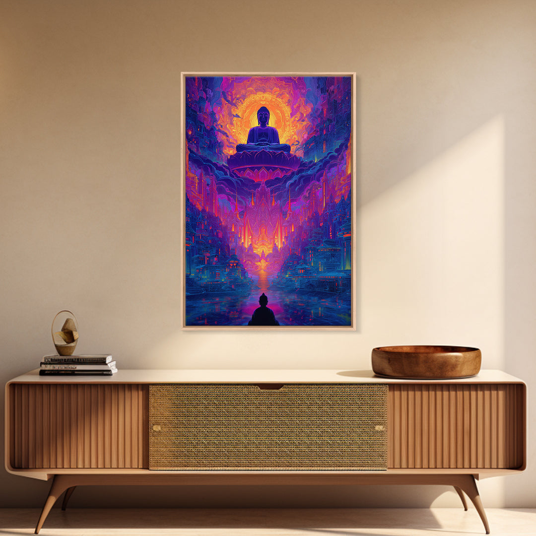 Vibrant Spiritual Buddha Cityscape With Radiant Glow Wall Art Modern Home Decor