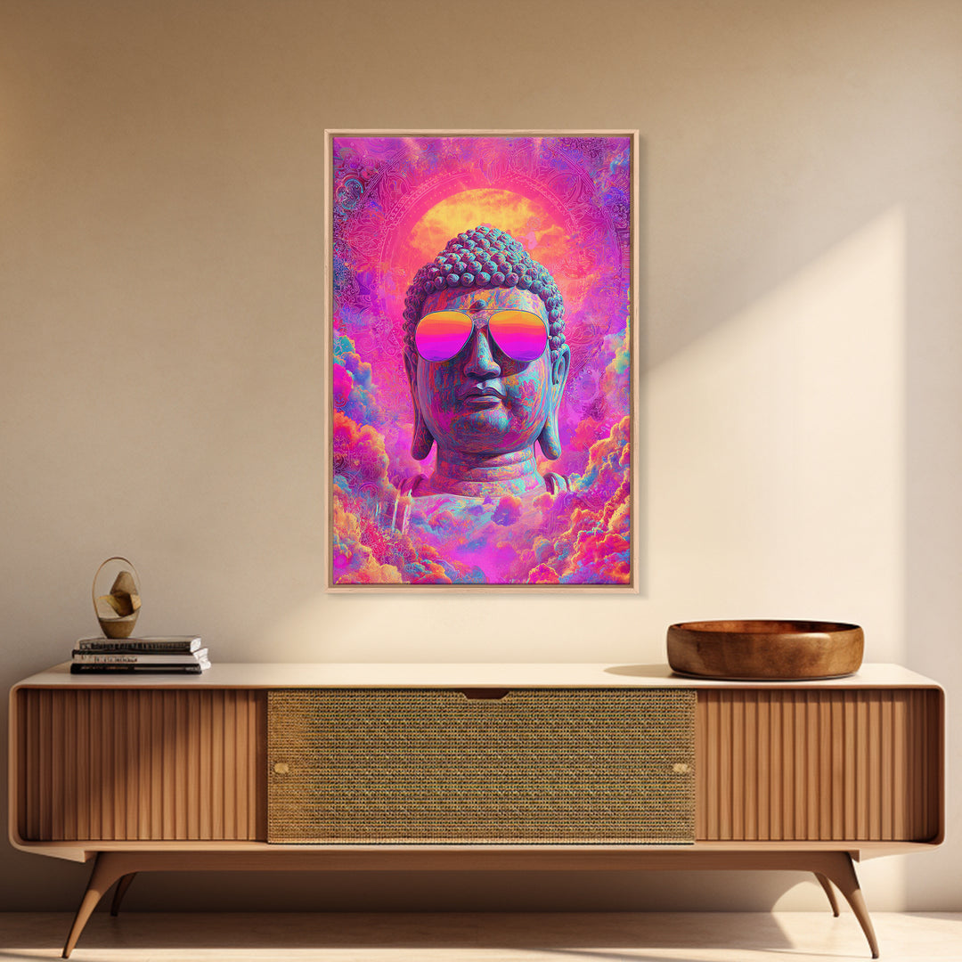 Vibrant Psychedelic Buddha With Colorful Sunglasses Spiritual Wall Art Framed Canvas Print