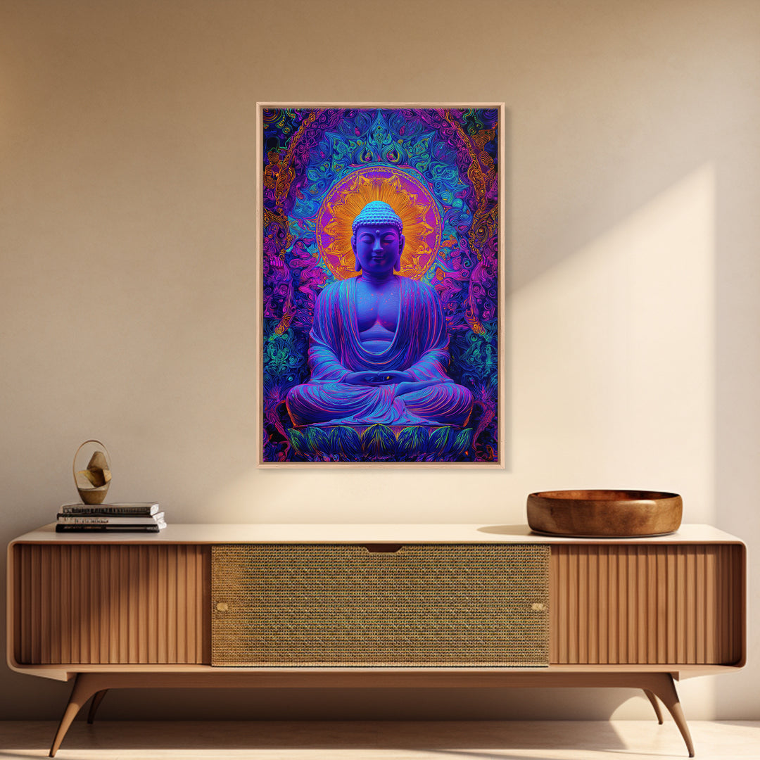 Vibrant Psychedelic Buddha Meditation Digital Painting Modern Wall Art Framed Canvas Print Spiritual Decor