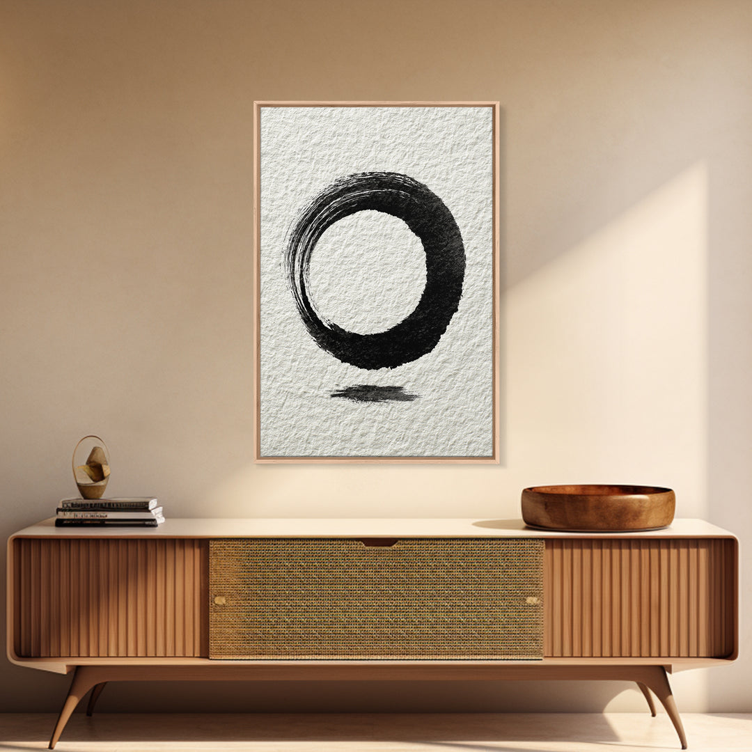 Minimalist Black Ink Circle Zen Enso Brushstroke Wall Art On Textured Paper Abstract Art Framed Canvas Print For Home Office Decor