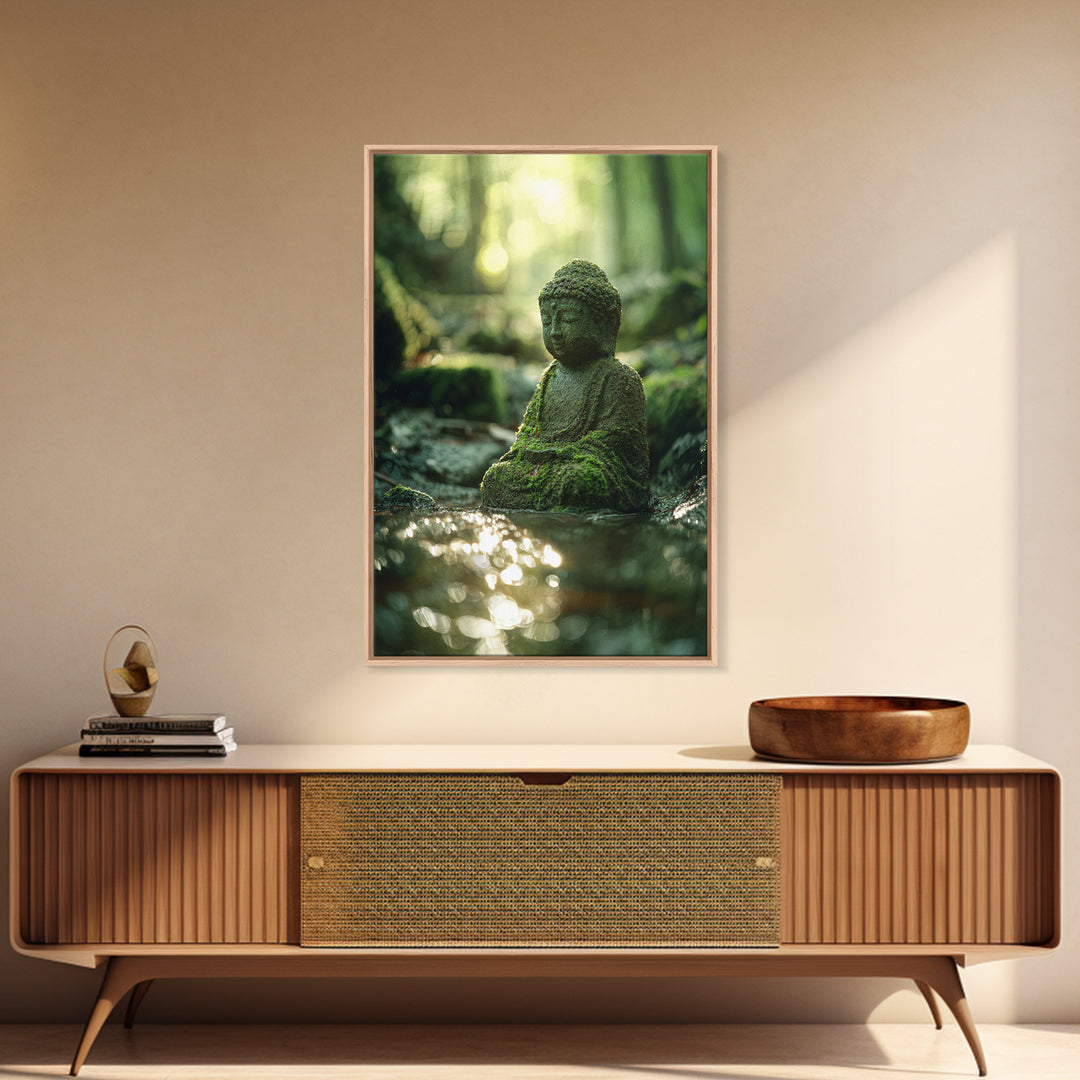 Serene Moss covered Buddha Statue Meditation Forest Wall Art Framed Canvas Print For Zen Home Decor