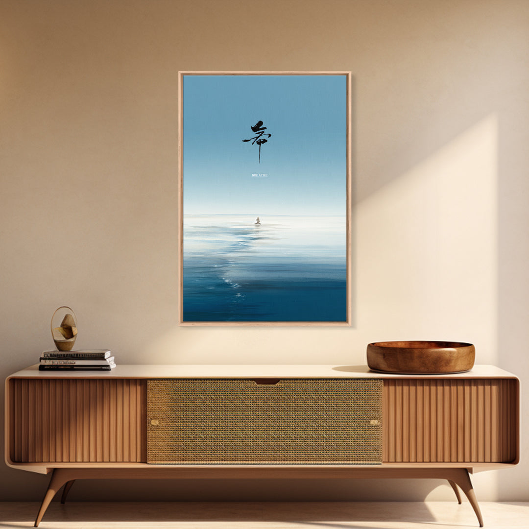 Calming Ocean Minimalist Digital Painting With Japanese Calligraphy Wall Art Modern Canvas Print For Bedroom Decor