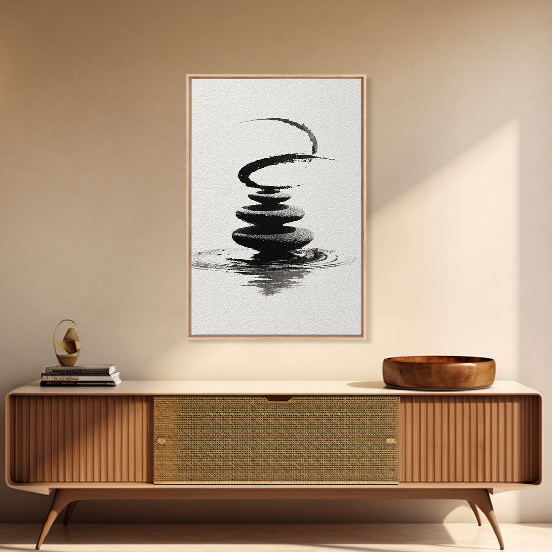 Zen Black And White Inkwash Painting Of Stacked Stones With Circle And Ripples Minimalist Wall Art For Office Decor Canvas Print