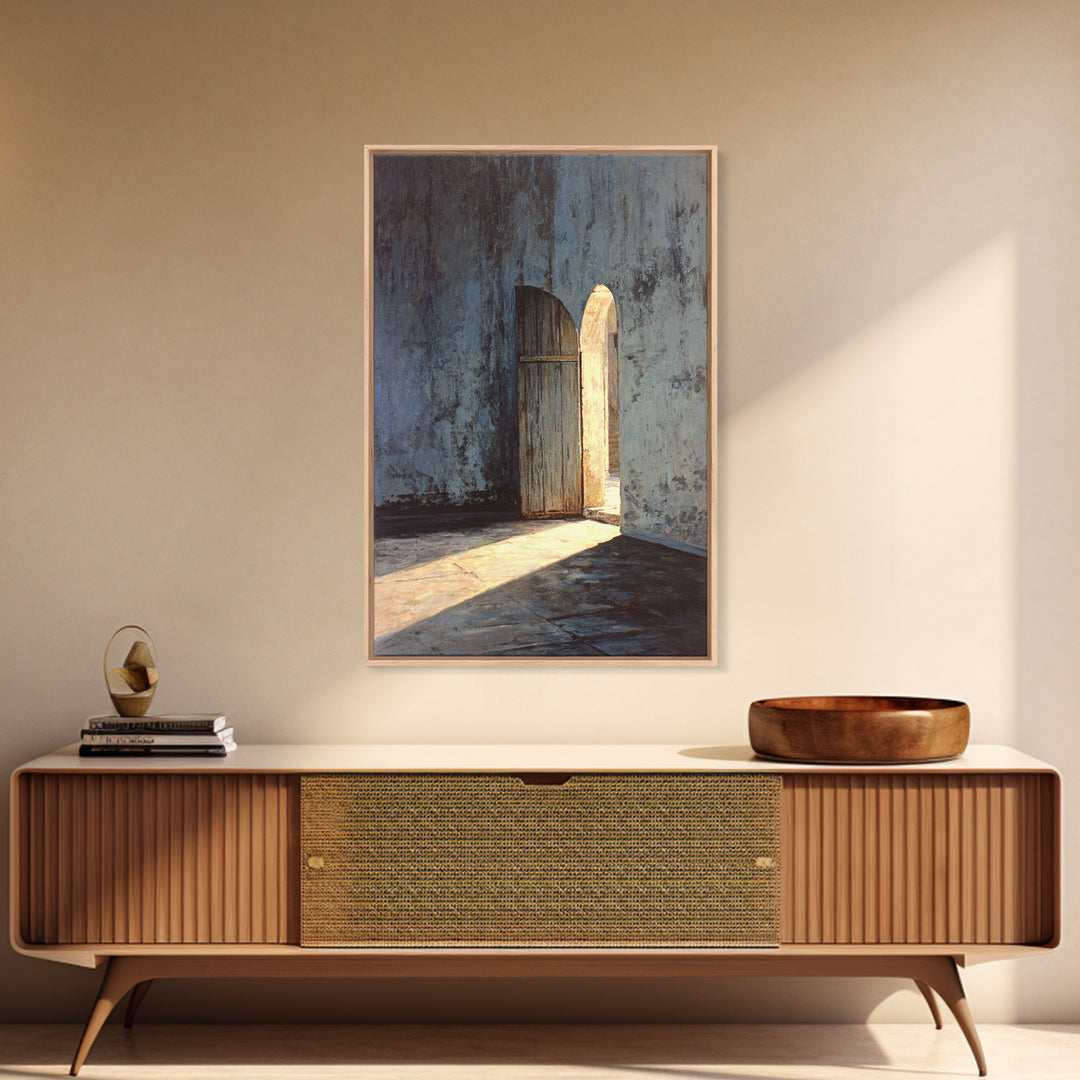 Sunlit Rustic Wooden Doorway In Textured Blue Wall Original Oil Painting Wall Art Framed Canvas Print Historic Architectural Art Print