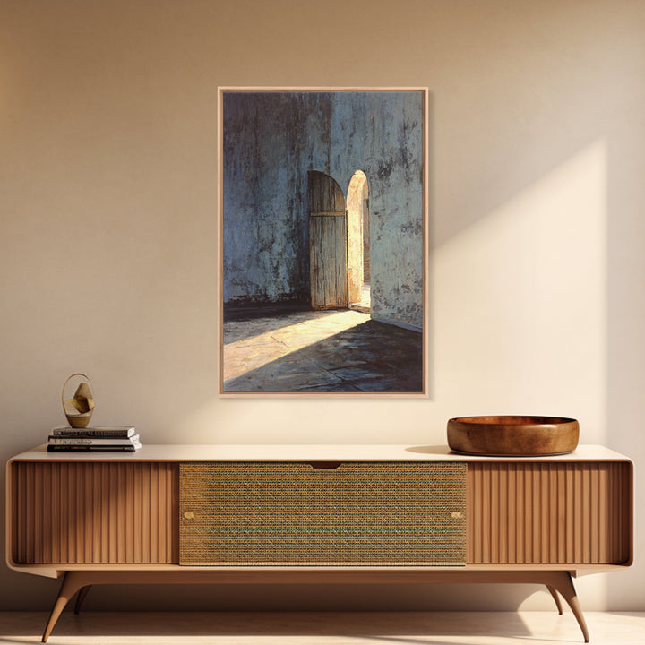 Sunlit Rustic Wooden Doorway In Textured Blue Wall Original Oil Painting Wall Art Framed Canvas Print Historic Architectural Art Print