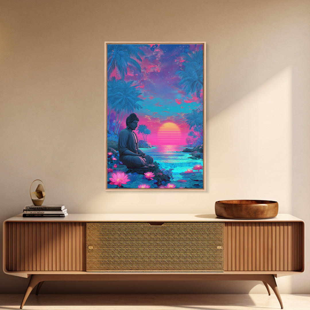 Vibrant Sunlit Buddha Amid Tropical Plants Calm Spiritual Wall Art Canvas Print For Meditation Room or Bedroom Decor