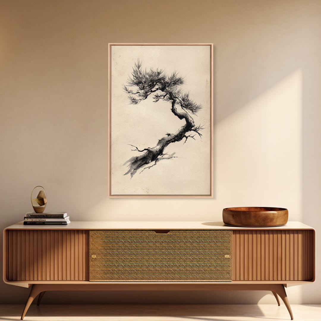 Elegant Black Ink Brush Style Bonsai Tree On Textured Natural Paper Minimalist Botanical Wall Art Print