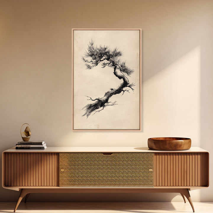 Elegant Black Ink Brush Style Bonsai Tree On Textured Natural Paper Minimalist Botanical Wall Art Print