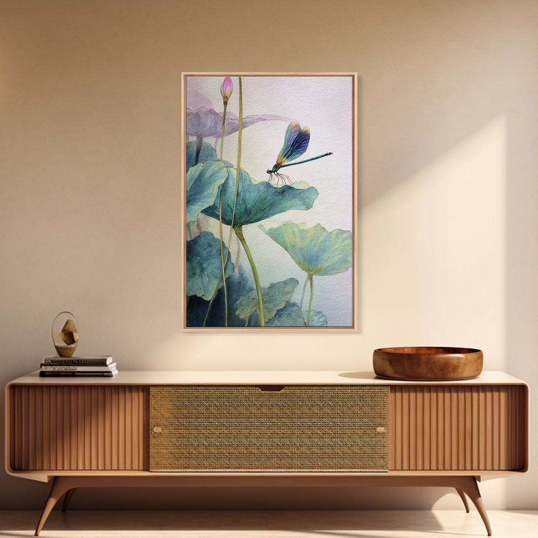 Elegant Watercolor Painting Of Dragonfly On Lotus Leaves With Soft Pastel Background Abstract Art Print Wall Art