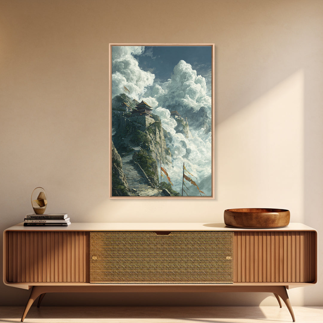 Epic Mountainous Landscape With Towering Clouds And Ancient Temple Original Scenic Wall Art Framed Canvas Print Dramatic Nature Painting