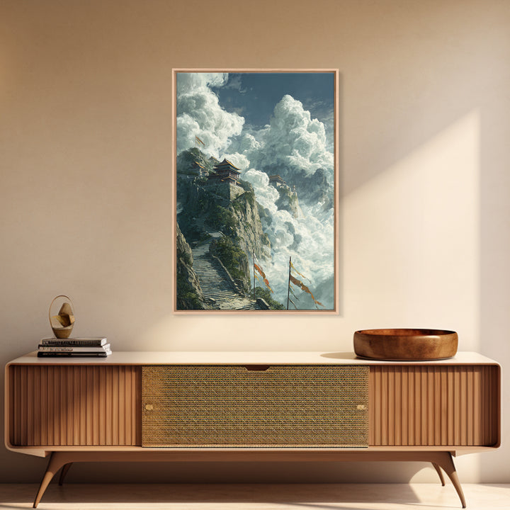 Epic Mountainous Landscape With Towering Clouds And Ancient Temple Original Scenic Wall Art Framed Canvas Print Dramatic Nature Painting