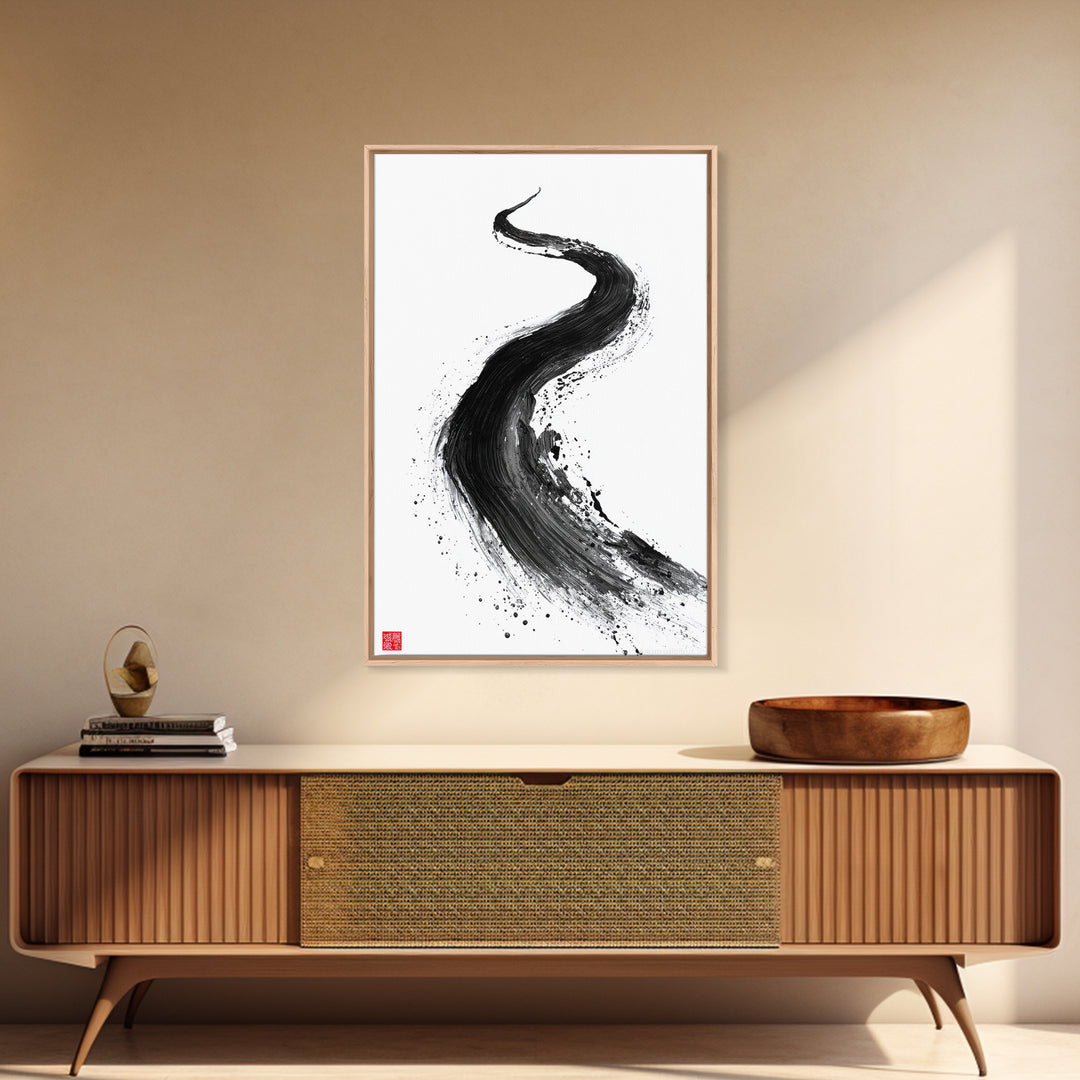 Dynamic Abstract Black Ink Brush Stroke Flow Calligraphy Art Print Minimalist Wall Art For Modern Home Decor Framed Canvas Print