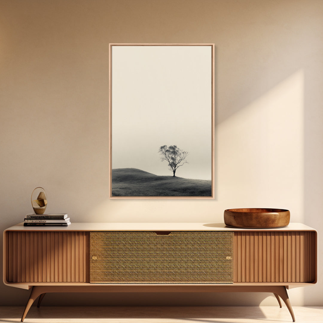 Solitary Tree Landscape Black White Minimalist Nature Wall Art Print Framed Canvas Print For Modern Home Decor