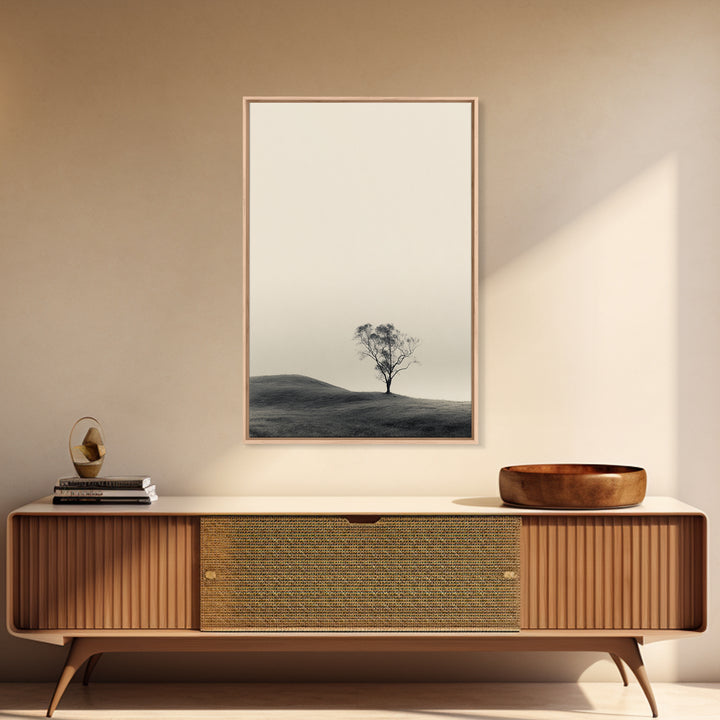 Solitary Tree Landscape Black White Minimalist Nature Wall Art Print Framed Canvas Print For Modern Home Decor