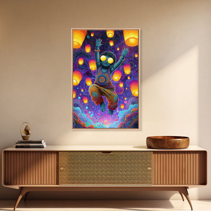 Joyful Blue Child With Lanterns Colorful Abstract Painting Wall Art For Kids Room