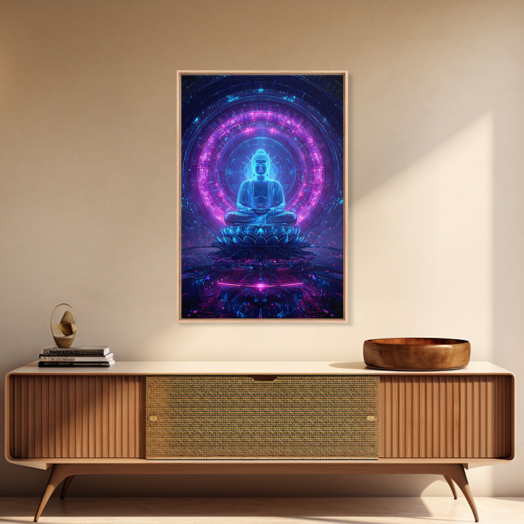 Futuristic Buddha Neon Cyber Meditation Spiritual Wall Art Framed Canvas Print for Modern Zen Home Decor