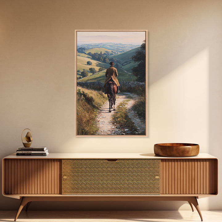 Equestrian Rider On Country Lane Framed Canvas Print, Rolling Hills Landscape Art, Horse Wall Decor, Rustic Farmhouse Decor