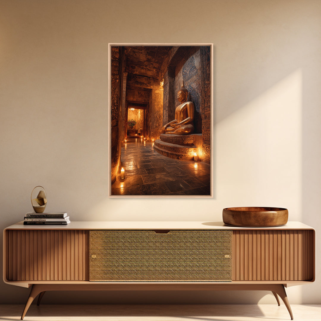 Ancient Temple Buddha Statue Lit By Candlelight Mystical Wall Art Canvas Print Sacred Asian Home Decor