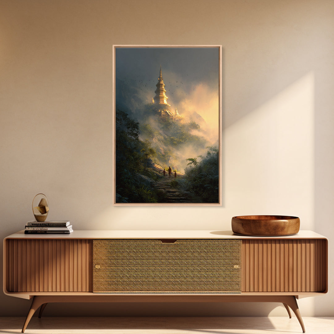 Mystical Misty Mountain Temple Landscape Wall Art Canvas Print For Spiritual Home Decor And Calming Living Room Decoration