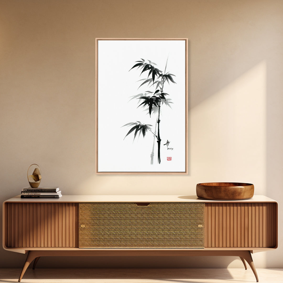 Traditional Black Ink Bamboo Painting Canvas Print, Japanese Sumi-e Style Wall Art, Elegant Minimalist Home Decor