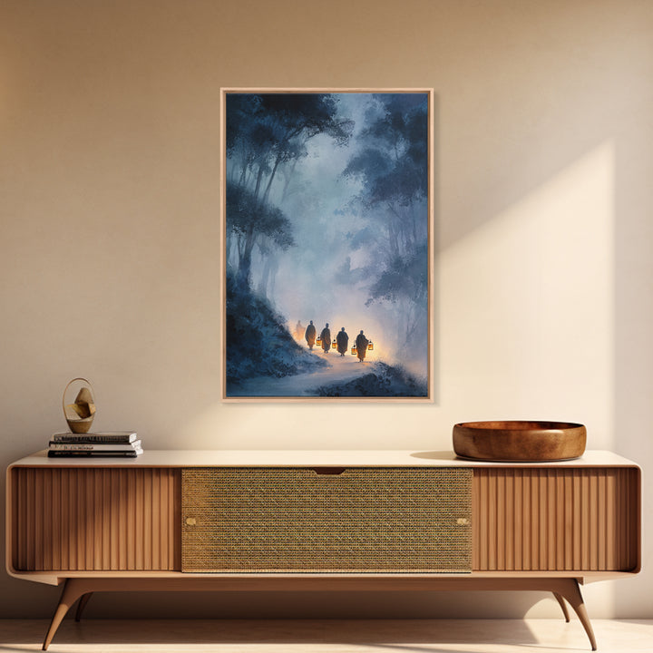 Mystical Buddhist Monks Carrying Lanterns Through Misty Forest Path Wall Art Print For Tranquil Home Decor