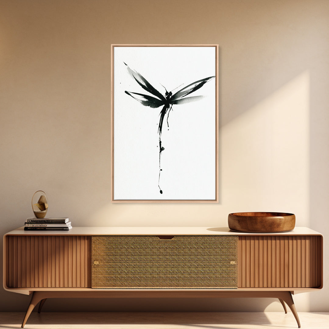Minimalist Black Ink Dragonfly Wall Art Print Monochrome Canvas Print For Bedroom And Living Room Decor