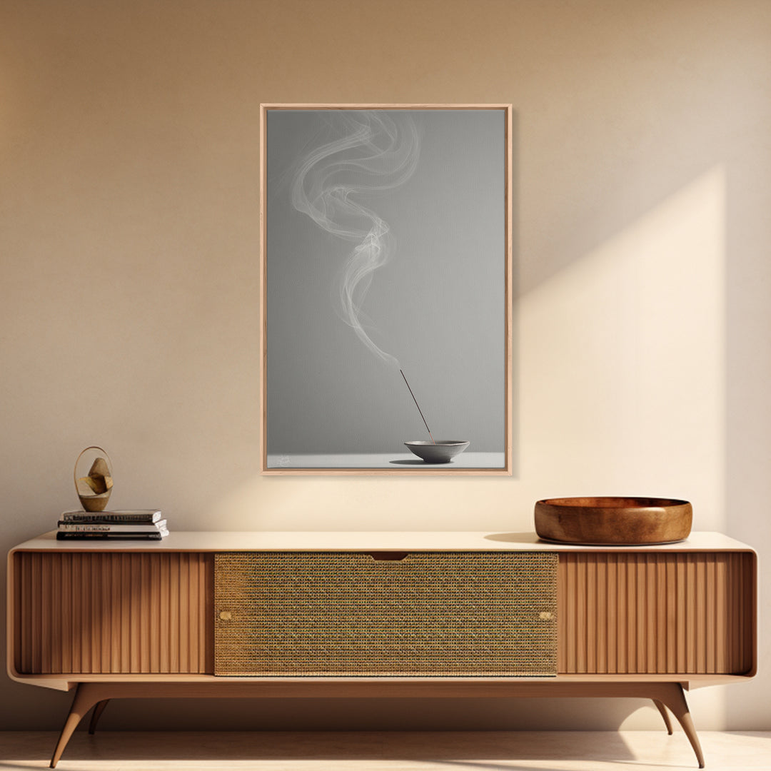 Mystical Incense Stick With Smoke Swirls On Minimalist Gray Background Canvas Print For Relaxation Spaces