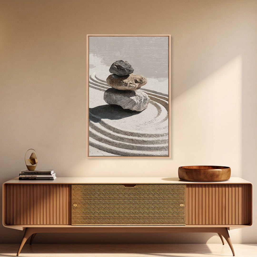 Zen Stones And Sand Minimalist Wall Art Print Tranquil Home Decor Framed Canvas Print