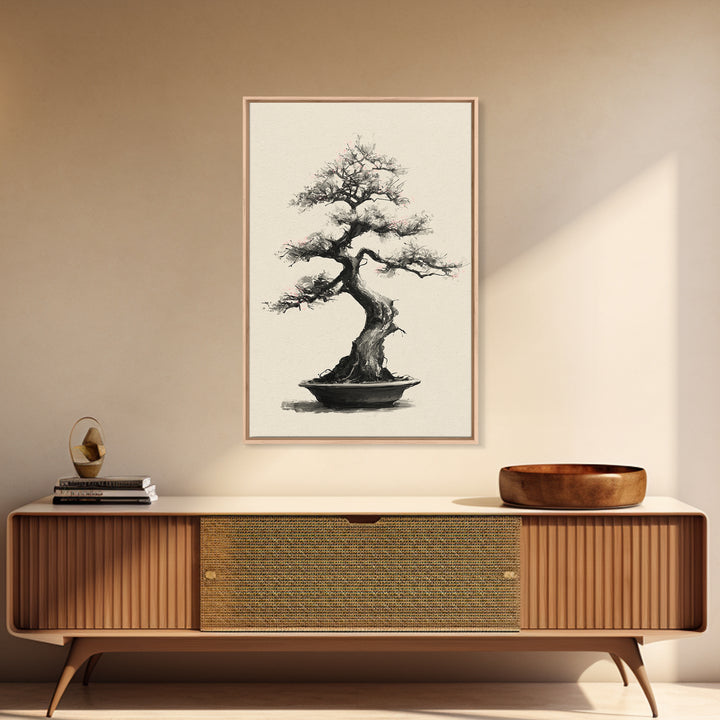 Delicate Bonsai Tree Traditional Ink Style Painting Wall Art Framed Canvas Print For Japanese Inspired Home Decor
