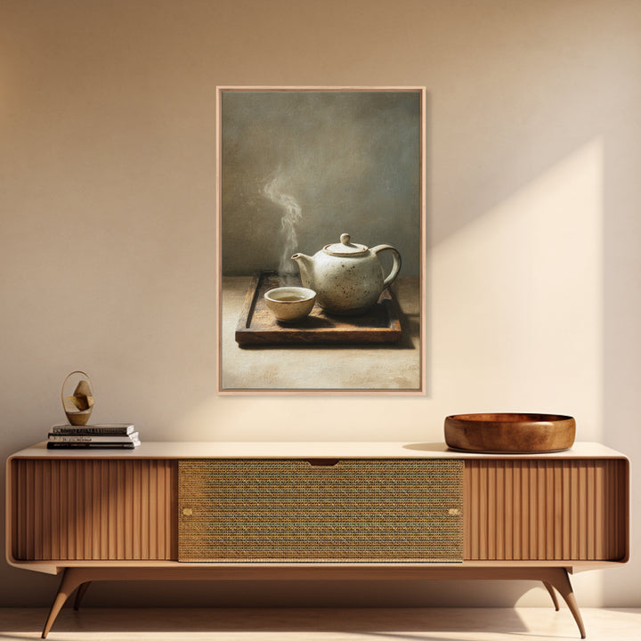 Minimalist Still Life With White Ceramic Teapot And Cup Steam Rising Wall Art Print Modern Canvas Print