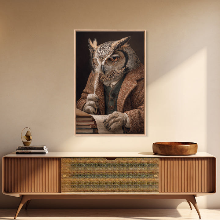 Wise Owl Scholar With Quill Wall Art, Whimsical Animal Portrait, Dark Academia Library Decor, Bird Art Print, Unique Gift