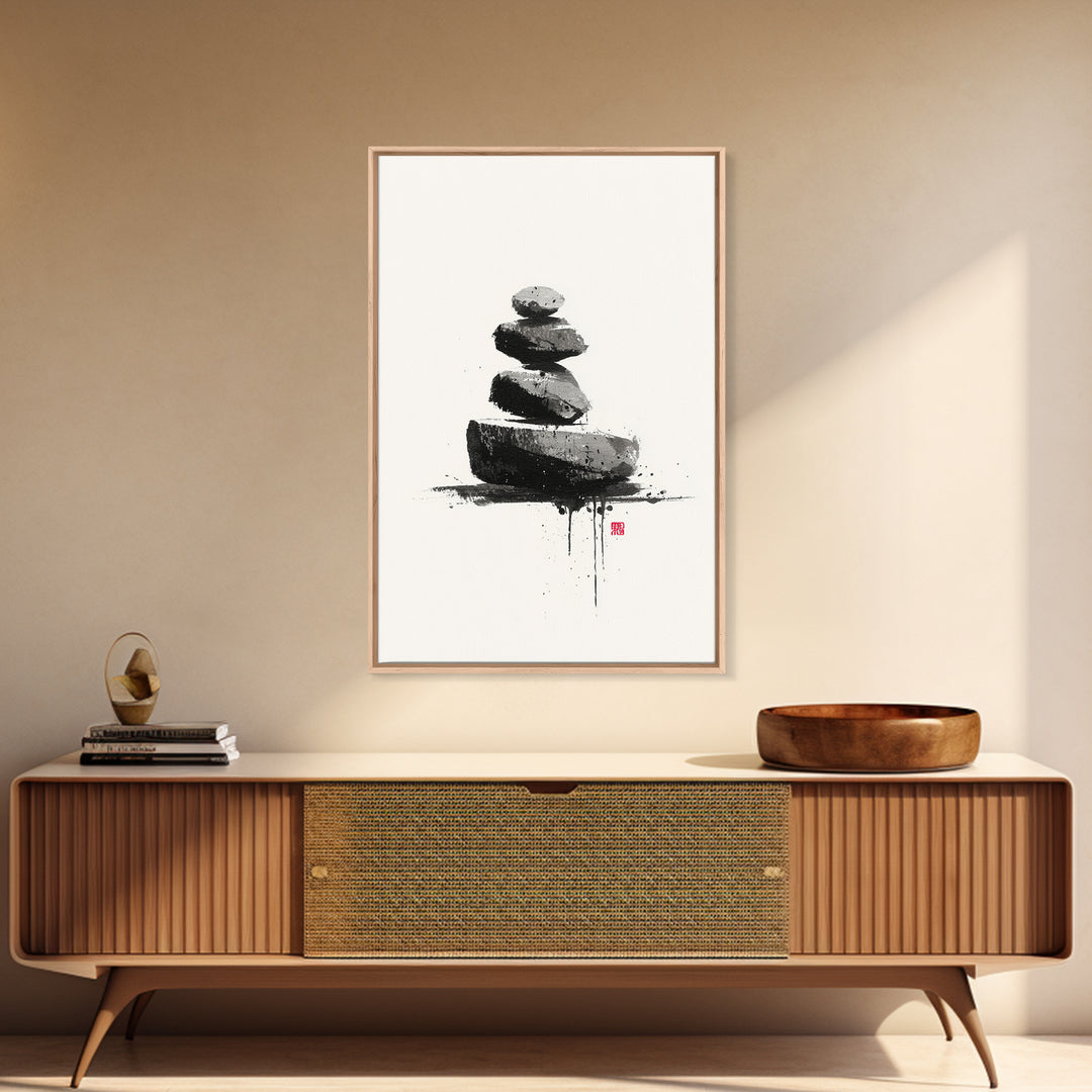 Zen Rock Balancing Japanese Ink Style Minimalist Wall Art Black And White Canvas Print For Modern Home Decor
