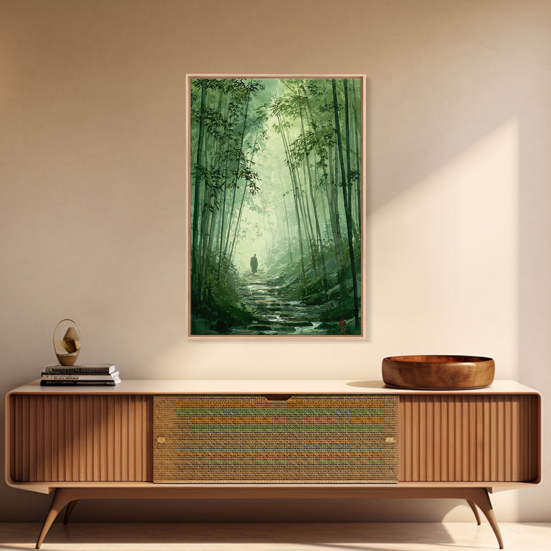 Quiet Green Bamboo Forest Path With Figure Walking Amongmist Framed Canvas Print For Serene Nature Wall Art And Home Decor