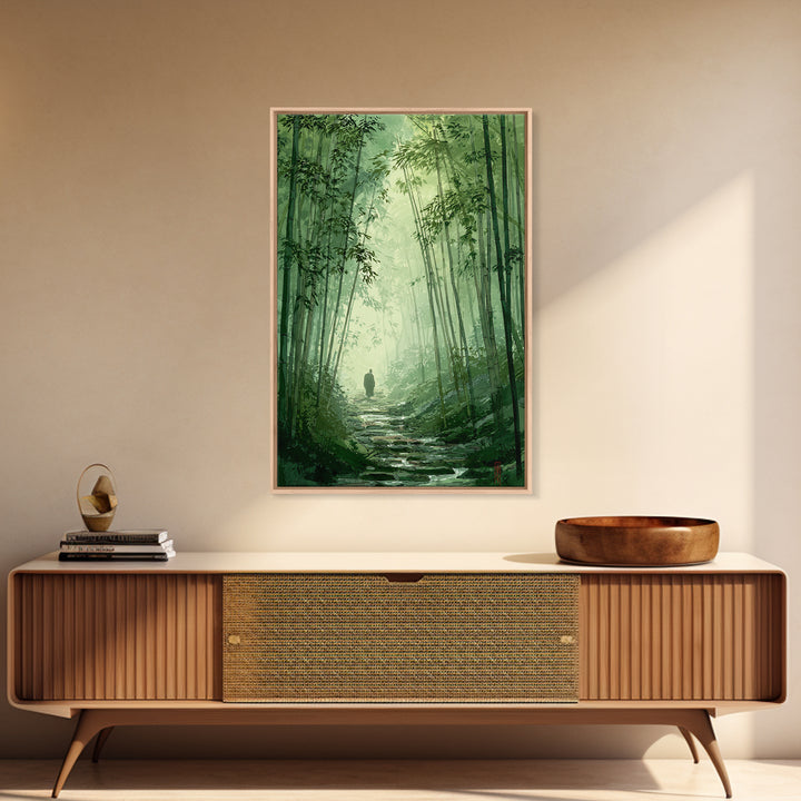 Quiet Green Bamboo Forest Path With Figure Walking Amongmist Framed Canvas Print For Serene Nature Wall Art And Home Decor