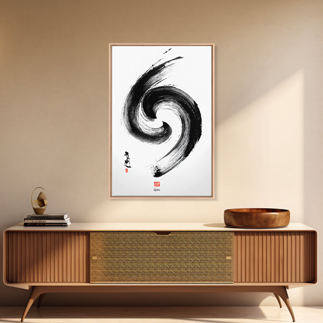 Zen Swirling Ink Brush Stroke Abstract Wall Art Minimalist Black And White Canvas Print For Modern Home Decor And Office