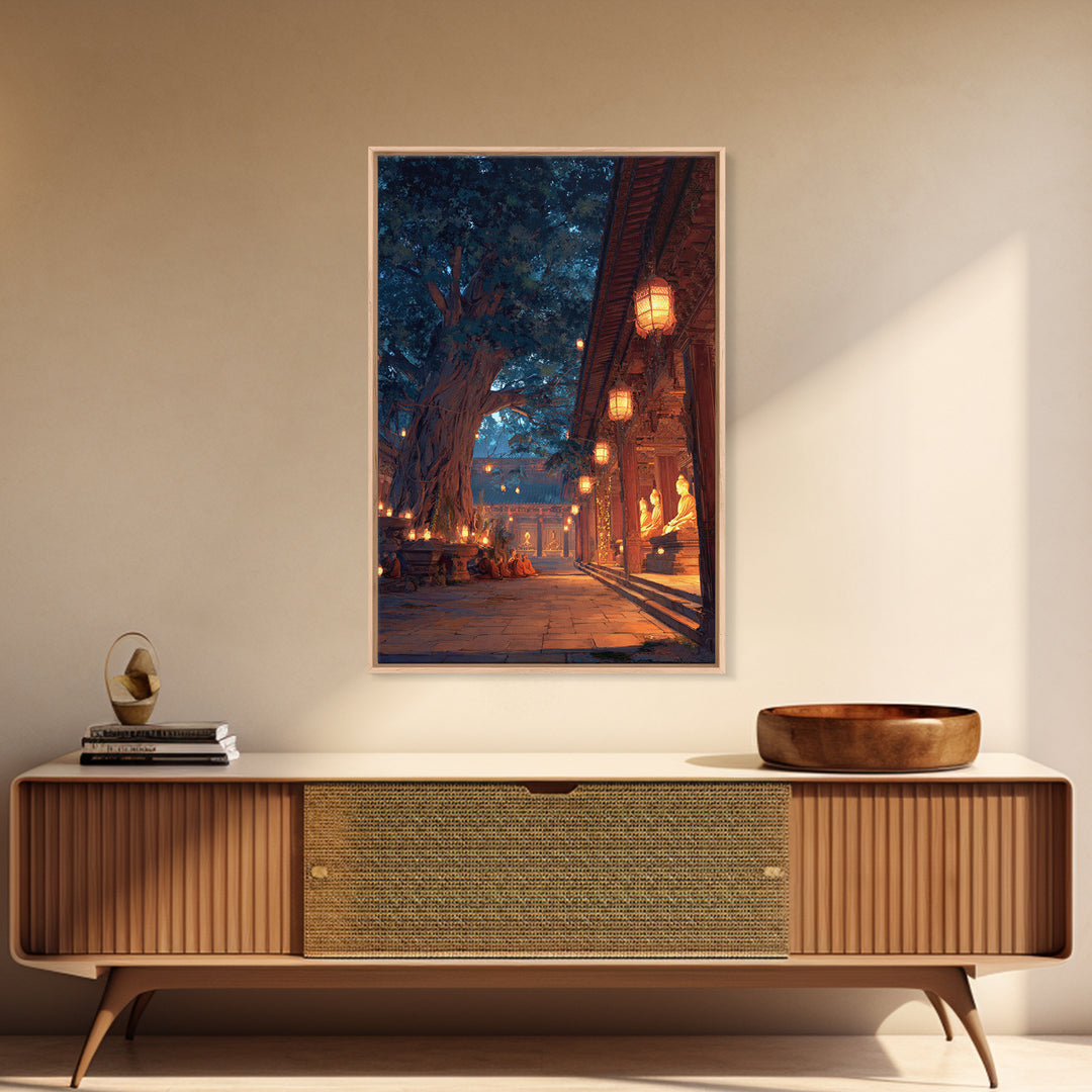 Peaceful Asian Temple And Monks At Dusk Digital Oil Painting Wall Art Canvas Print For Spiritual Home Decor