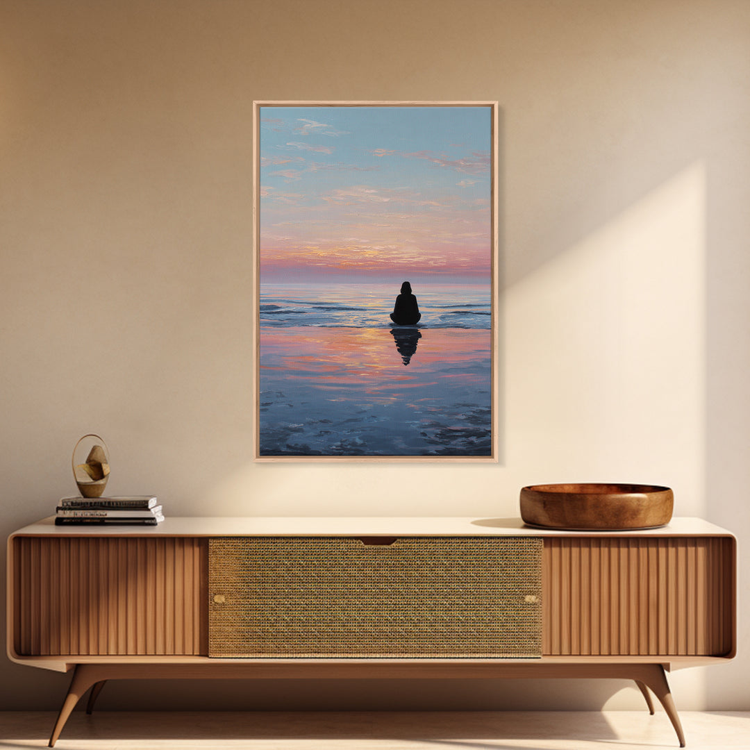 Serene Woman Meditating Beach Sunset Oil Painting Modern Wall Art Framed Canvas Print Peaceful Home Decor