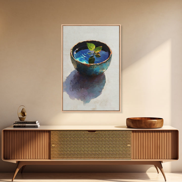 Rustic Blue Pottery Bowl With Leaf Reflection Oil Painting Framed Canvas Print For Home Decor And Wall Art
