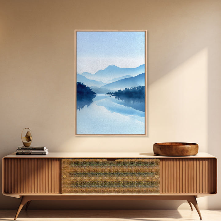 Tranquil Blue Mountain Landscape Painting Watercolor Style Canvas Print For Minimalist Bedroom And Office