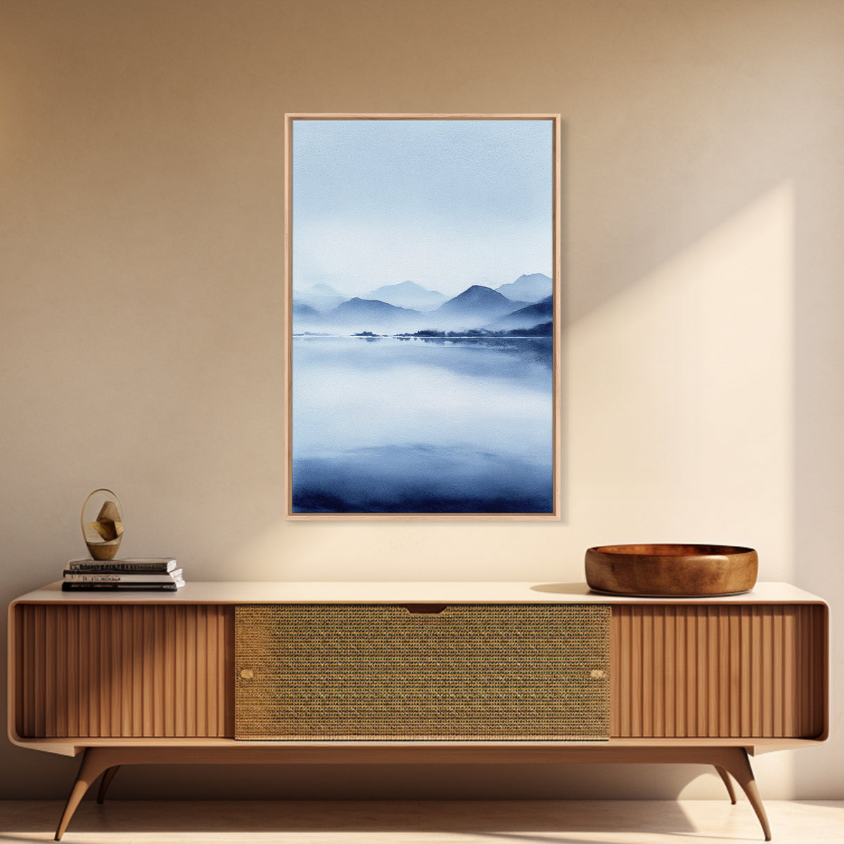 Cyberpunk Digital Blue Buddha Statue With Fish And Neon Lights In Futuristic Aquarium Contemporary Canvas Art