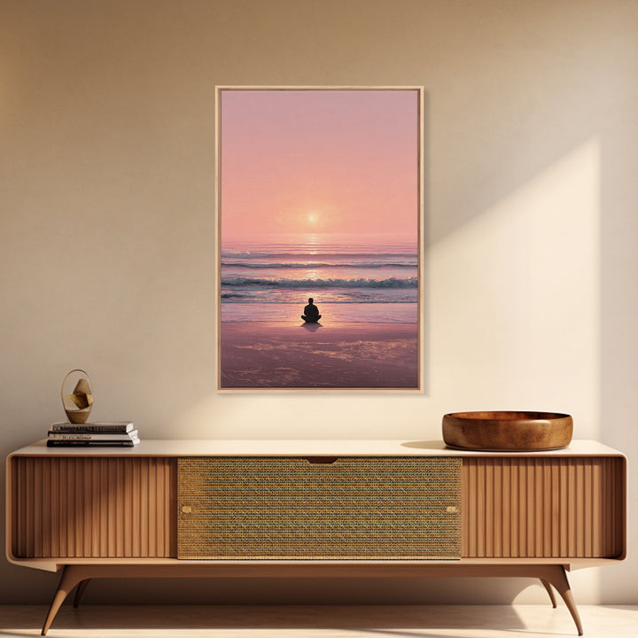 Meditative Seaside Sunset With Silhouette Sitting On Beach Wall Art Beautiful Ocean Canvas Print For Zen Home Decor