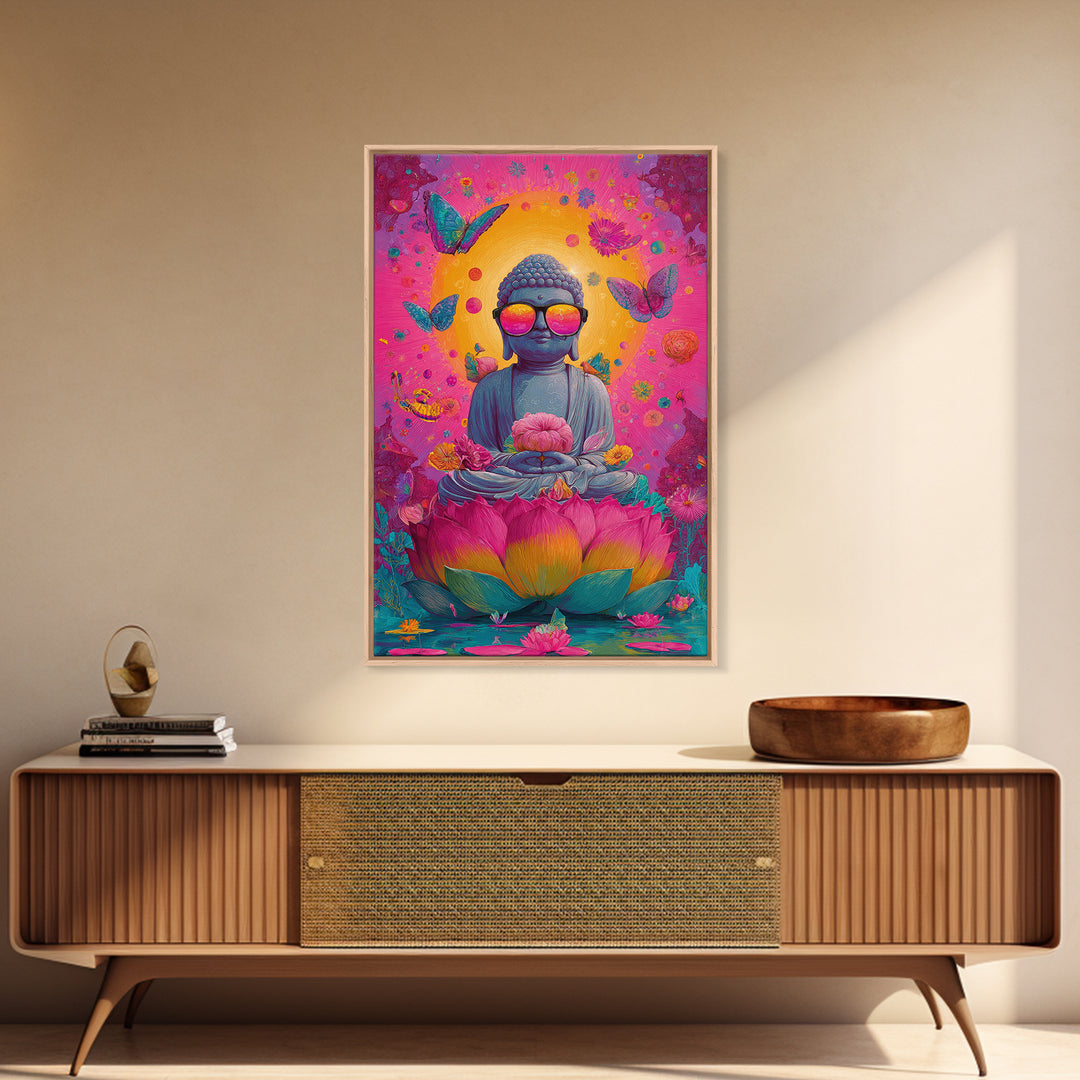 Futuristic Cityscape At Night With Neon Light Grid And Massive Pink Sun Vibrant Digital Artwork Canvas Print For Modern Office Decor